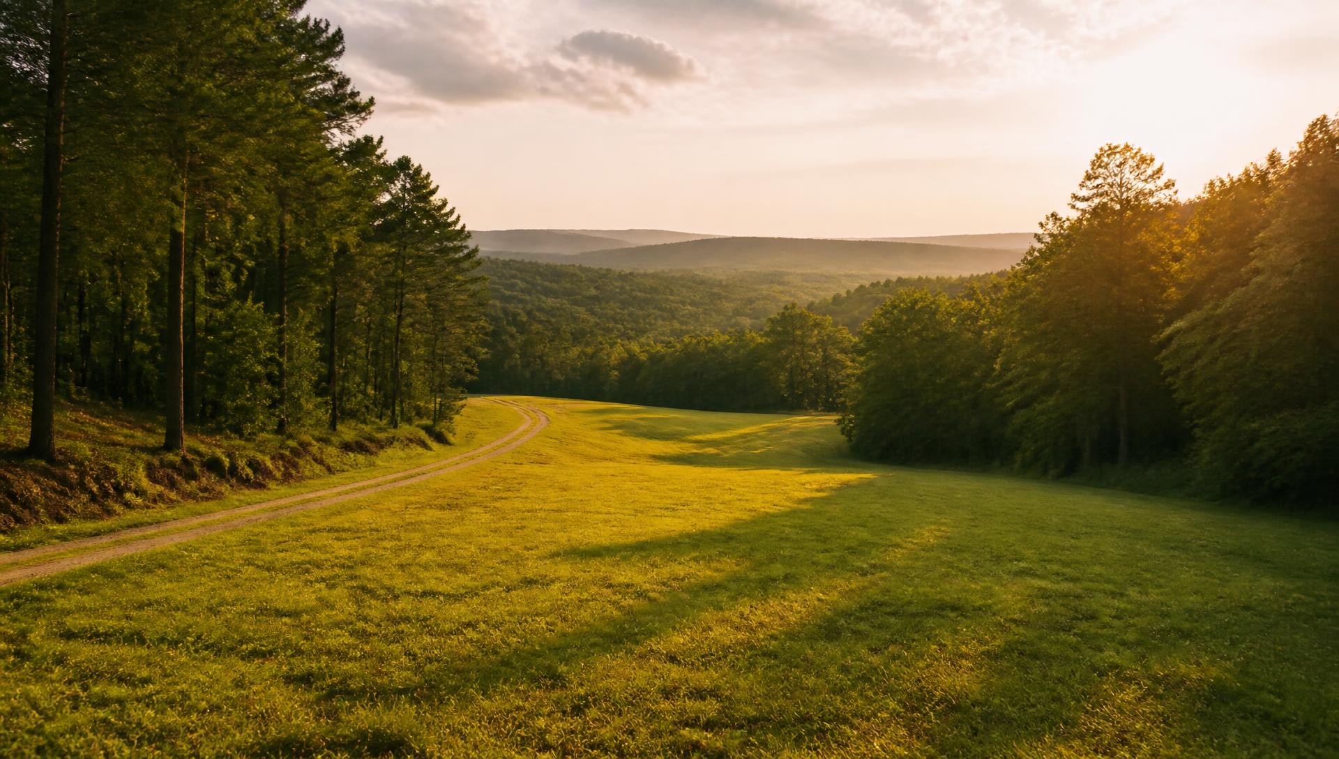 Golden-hour view across a managed meadow bordered by timber, with an access road curving into rolling terrain
